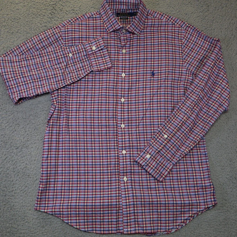 Polo Ralph Lauren Mens Classic Fit Plaid Button Down Shirt Red Blue Medium M